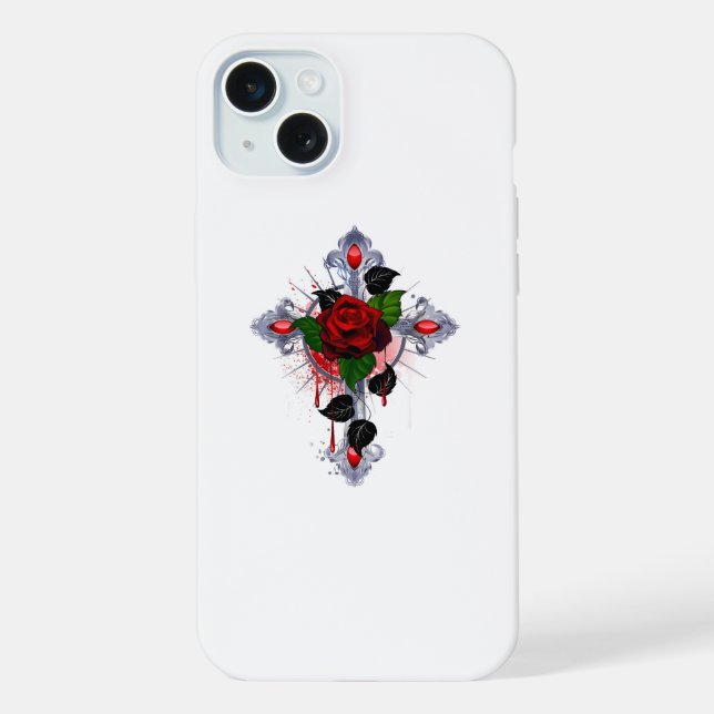 Silberkreuz mit Rote Rose iPhone 15 Plus Hülle (Rückseite)