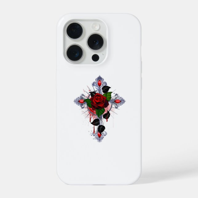 Silberkreuz mit Rote Rose iPhone 15 Pro Hülle (Rückseite)