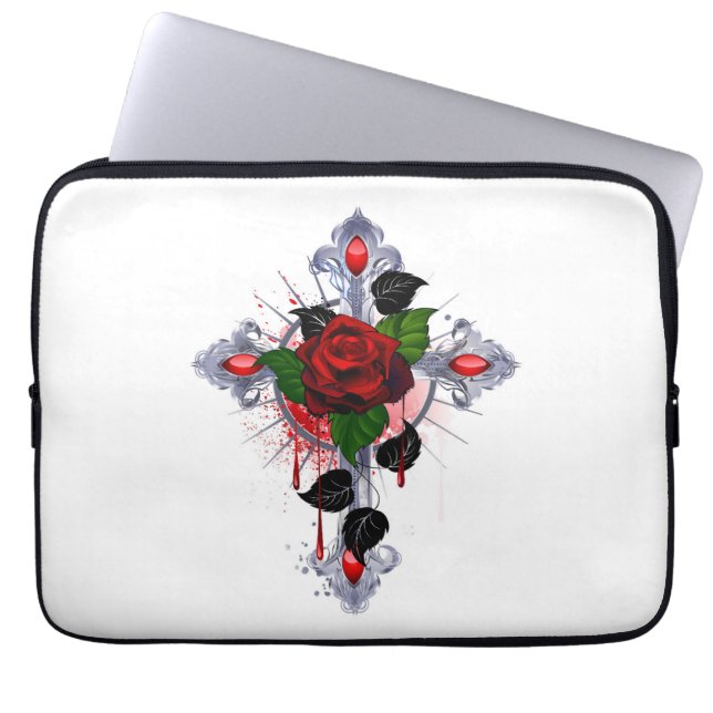 Silberkreuz mit Rote Rose Laptopschutzhülle (Vorderseite)