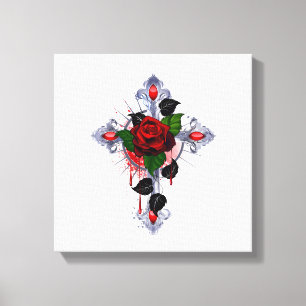 Silberkreuz mit Rote Rose Leinwanddruck