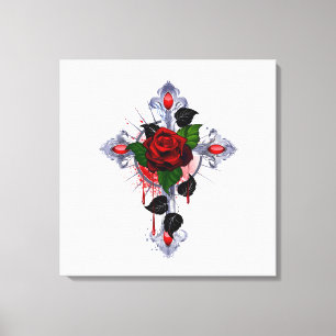 Silberkreuz mit Rote Rose Leinwanddruck