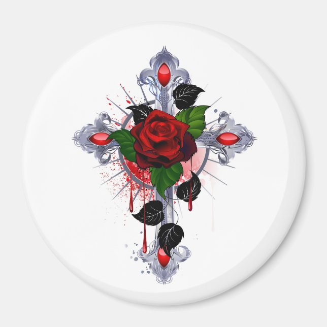 Silberkreuz mit Rote Rose Magnet (Vorne)