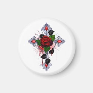 Silberkreuz mit Rote Rose Magnet