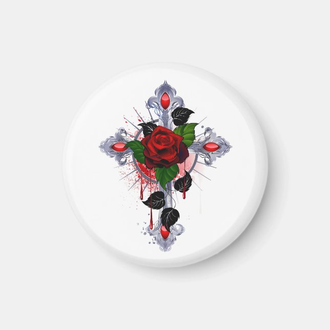 Silberkreuz mit Rote Rose Magnet (Vorne)