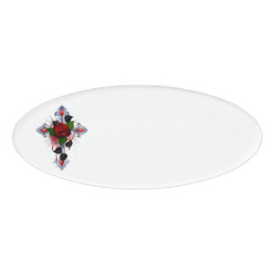 Silberkreuz mit Rote Rose Namenschild