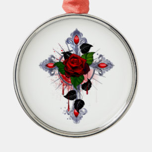 Silberkreuz mit Rote Rose Ornament Aus Metall