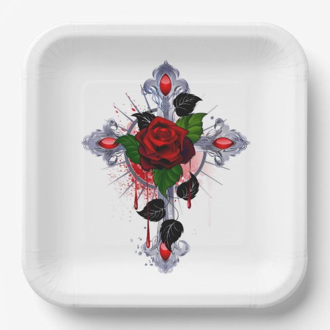 Silberkreuz mit Rote Rose Pappteller (Vorderseite)