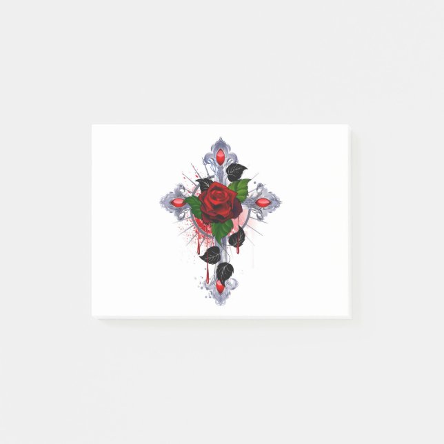 Silberkreuz mit Rote Rose Post-it Klebezettel (Vorderseite)