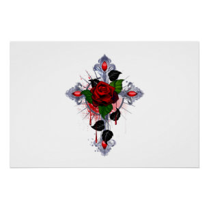 Silberkreuz mit Rote Rose Poster