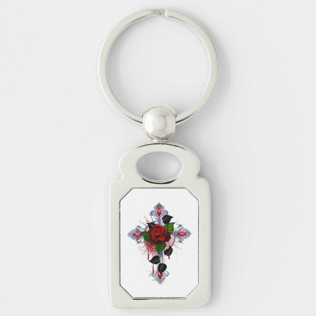 Silberkreuz mit Rote Rose Schlüsselanhänger (Vorderseite)