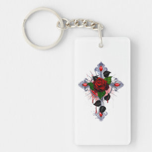 Silberkreuz mit Rote Rose Schlüsselanhänger