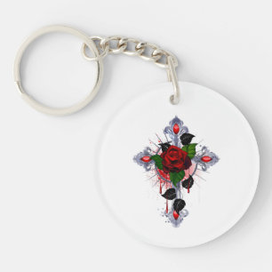 Silberkreuz mit Rote Rose Schlüsselanhänger