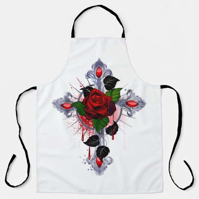 Silberkreuz mit Rote Rose Schürze (Vorderseite)