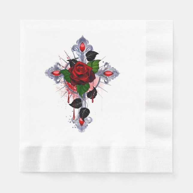Silberkreuz mit Rote Rose Serviette (Vorderseite)