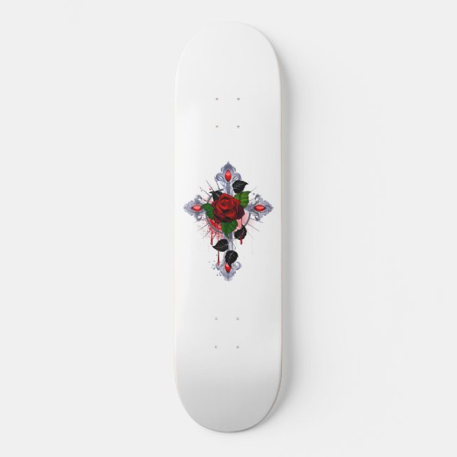 Silberkreuz mit Rote Rose Skateboard (Vorderseite)