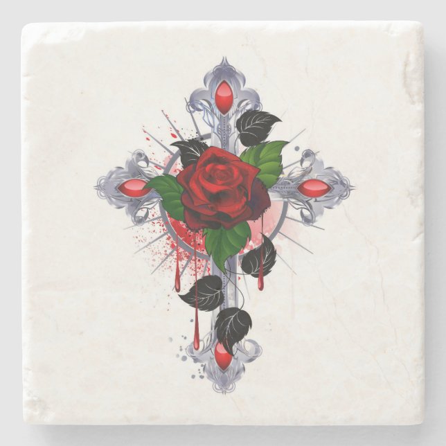 Silberkreuz mit Rote Rose Steinuntersetzer (Vorderseite)
