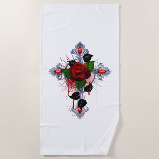 Silberkreuz mit Rote Rose Strandtuch (Vorderseite)