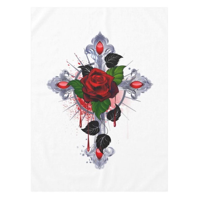 Silberkreuz mit Rote Rose Tischdecke (Vorderseite)