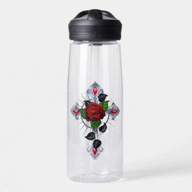 Silberkreuz mit Rote Rose Trinkflasche (Vorne)