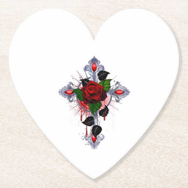 Silberkreuz mit Rote Rose Untersetzer (Vorderseite)