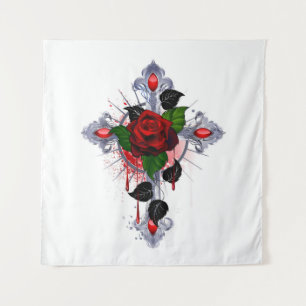 Silberkreuz mit Rote Rose Wandteppich
