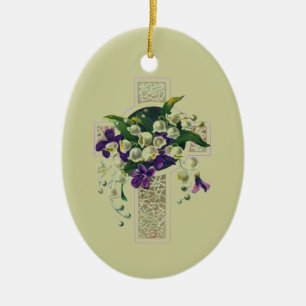 Silberkreuz mit violetten Blumen Keramikornament