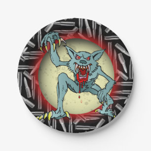 Silberkugeln, grauer Werwolf Vollmond Halloween Pappteller