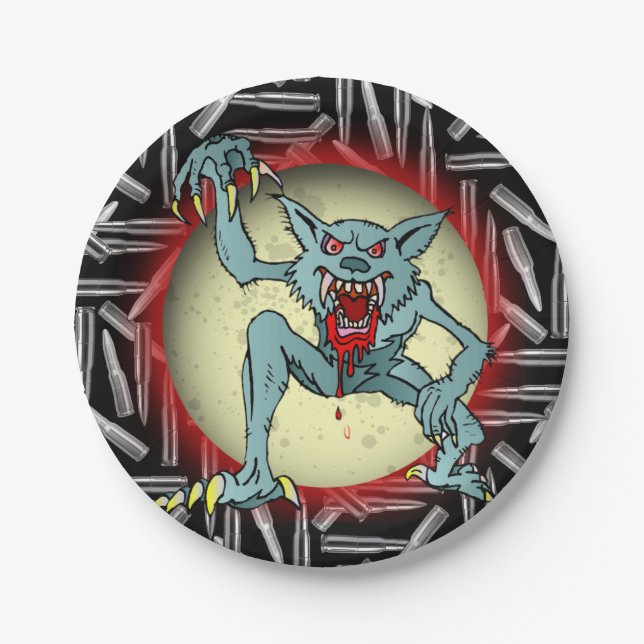 Silberkugeln, grauer Werwolf Vollmond Halloween Pappteller (Vorderseite)