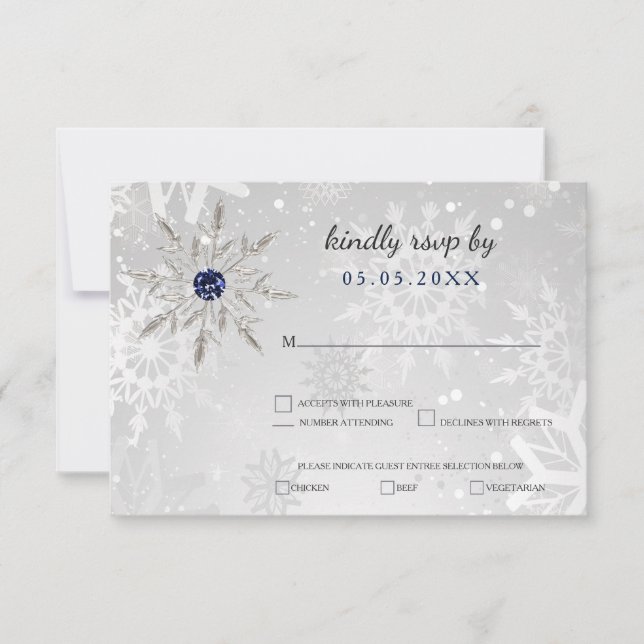Silbermarineflocken Winterhochzeit uAwg RSVP Karte (Vorderseite)