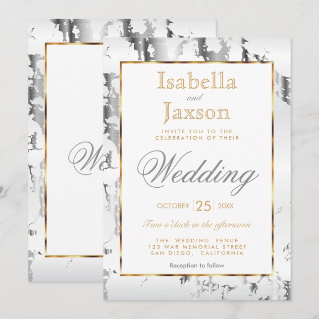 Silbermarmor, Gold und Weiß Einladung (Vorne/Hinten)