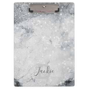 Silbermarmor und Glitzer Sparkle Mit Monogramm Klemmbrett