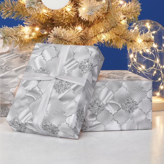 Silbermarokkanisches Quatrefolienmuster Geschenkpapier (Feiertage)
