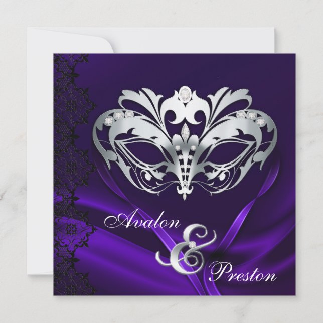 Silbermasquerade Lila Jewelen Hochzeit Einladung (Vorderseite)