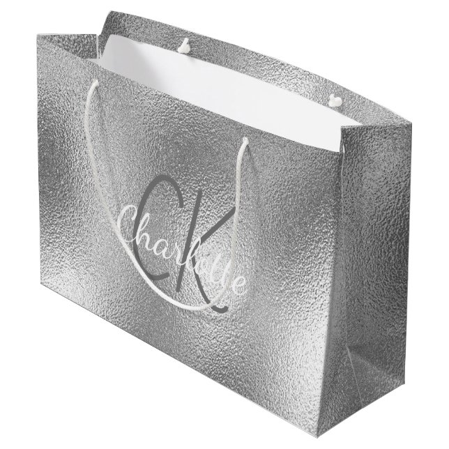 Silbermetall Monogramm Name modern elegant Große Geschenktüte (Rückseite Schrägansicht)