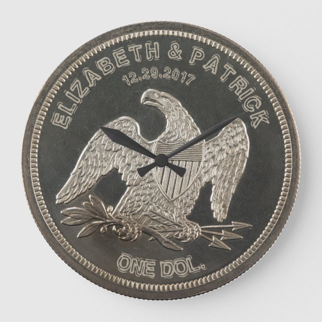 Silberne 1865 Dollar Hochzeit oder Jahrestag Große Wanduhr (Vorderseite)