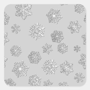 Silberne 3D-Schneeflocken auf silbernem Hintergrun Quadratischer Aufkleber