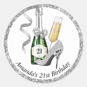 Silberne Absätze und Champagner-Frauen-Geburtstag  Runder Aufkleber