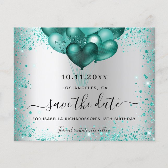 Silberne aquamarine Glitzer Save the Date Flyer (Vorne)