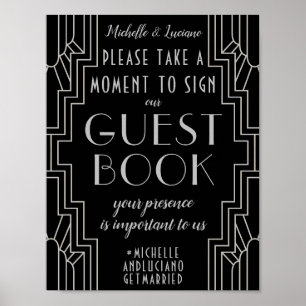 Silberne Art Deco Hochzeitssignatur Editable Gäste Poster