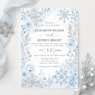Silberne Blaue Schneeflocken Florale Winterhochzei Einladung