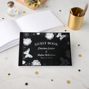 Silberne Blume und Butterfliegen Schwarze Hochzeit Gästebuch