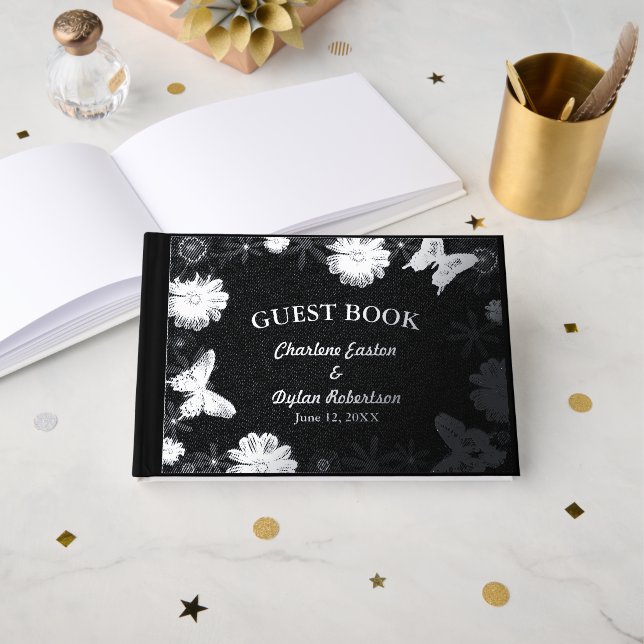 Silberne Blume und Butterfliegen Schwarze Hochzeit Gästebuch (Vorderseite Offen)