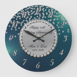 Silberne Diamanten Grüne 25. Hochzeitstag Große Wanduhr