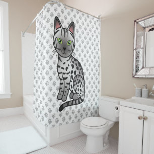 Silberne Egyptian Mau Süße Cartoon-Katze & Pfoten Duschvorhang