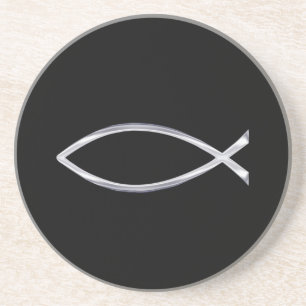 Silberne Fisch-Symbol auf schwarzem Hintergrund Getränkeuntersetzer