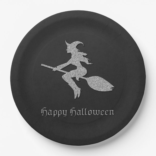 Silberne fliegende Hexe Halloween Pappteller (Vorderseite)
