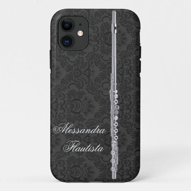 Silberne Flöte auf schwarzem Damast Case-Mate iPhone Hülle (Rückseite)