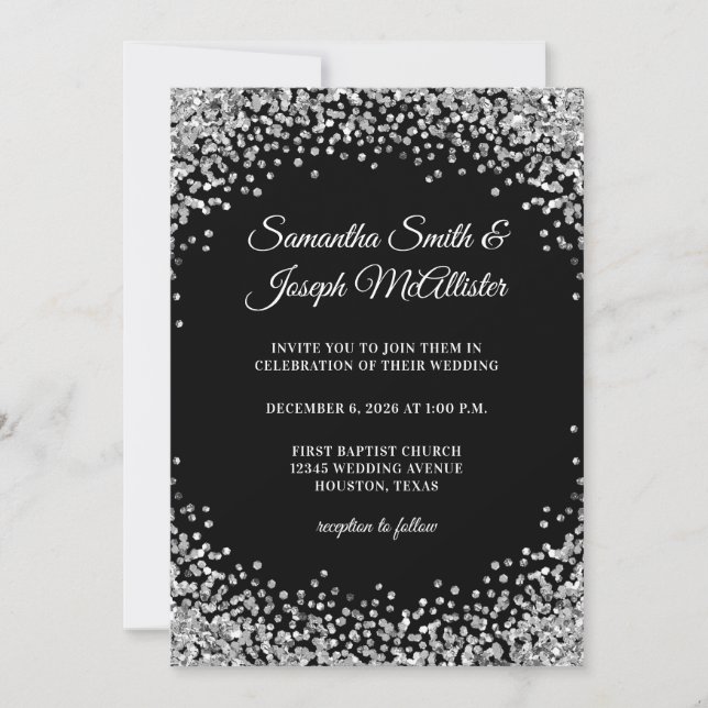 Silberne Glitter-Rand schwarze Hochzeit Einladung (Vorderseite)