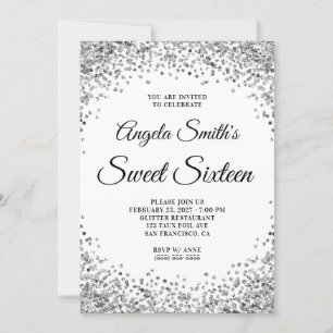 Silberne Glitter-Rand Weiß Sweet Sixteen Einladung