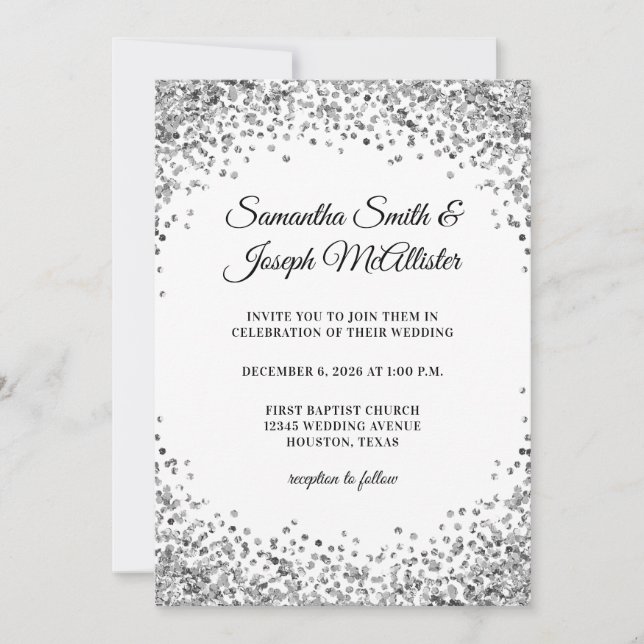 Silberne Glitter-Rand Weiße Hochzeit Einladung (Vorderseite)